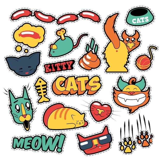 Emblemas de gatos engraçados, adesivos, adesivos - garras de peixe gato em estilo cômico. rabisco