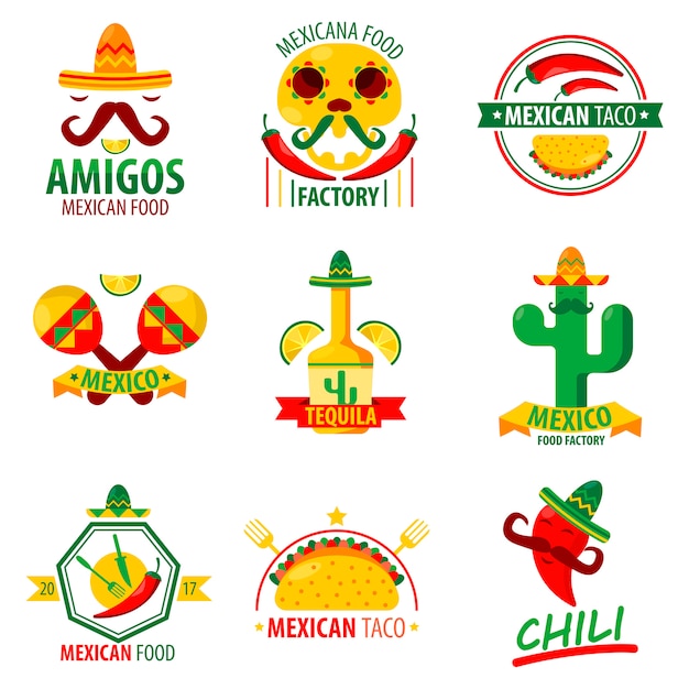 Emblemas de logotipo de comida mexicana vector cartaz em branco