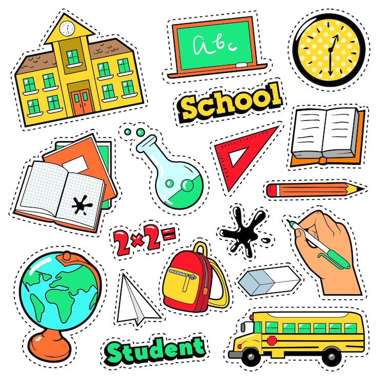 Vetor emblemas de moda, patches, adesivos no tema de escola de educação de estilo cômico com livros, globo e mochila. fundo retro