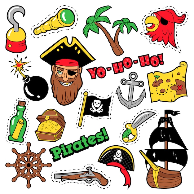 Emblemas de piratas, patches, adesivos - navio, ossos cruzados e esqueleto em pop art estilo cômico para têxteis de tecido. ilustração