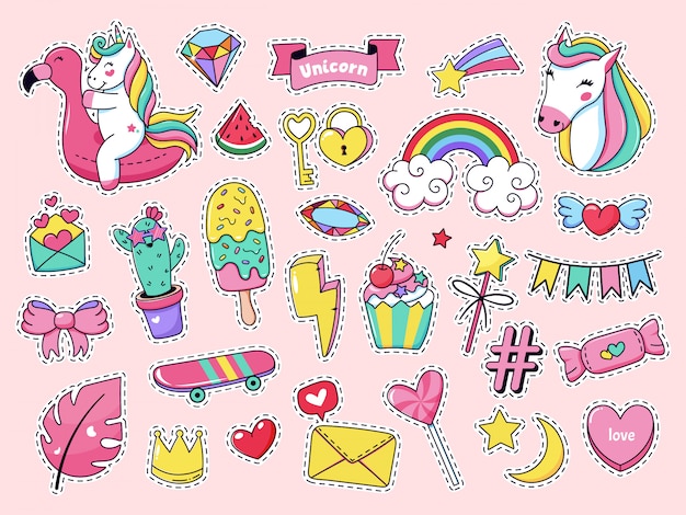 Emblemas de remendo bonito. Patches de doodle de moda mágica, unicórnio de arco-íris rosa de conto de fadas, sorvete e conjunto de ícones de ilustração de doces. Adesivo de menina dos desenhos animados, sorvete de unicórnio animal de fada