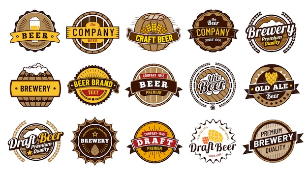 Emblemas de rótulo de cerveja. cervejaria retrô cervejas, distintivo de garrafa de cerveja e emblema de cerveja vintage isolado conjunto de ilustração vetorial