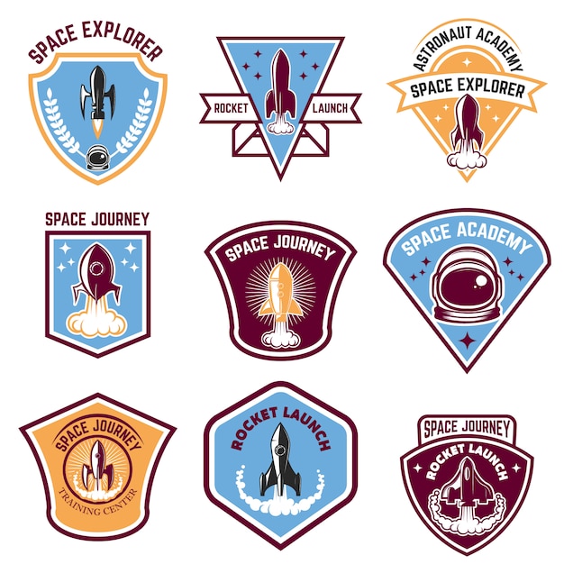 Emblemas do acampamento espacial. lançamento de foguetes, academia de astronautas. elementos para o logotipo, etiqueta, emblema, sinal. ilustração.