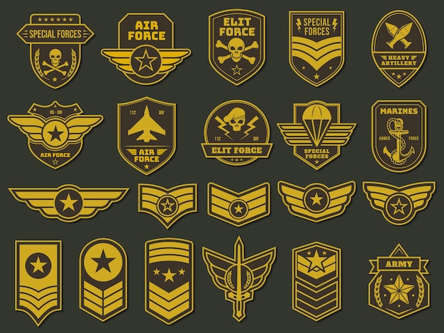 Emblemas do exército emblemas de unidades militares emblemas de soldados e insígnias conjunto de vetores