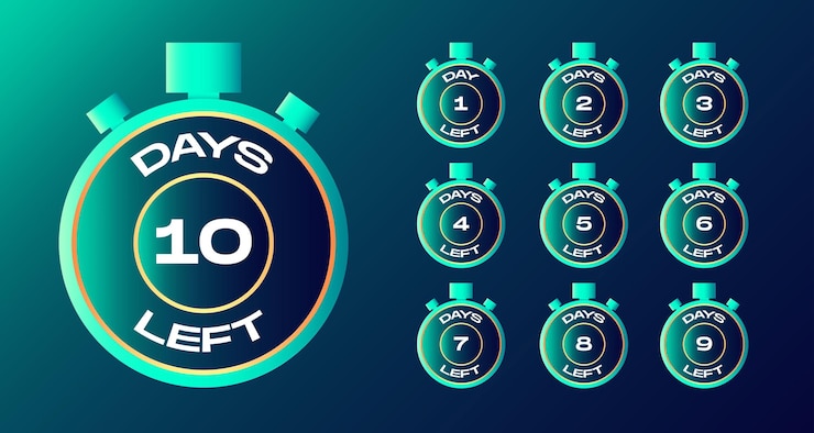 Vetor emblemas e adesivos de dias restantes venda de tempo de contagem número de dias restantes banner de dias restantes de contagem regressiva modelo de banner vetorial de contagem regressiva nove oito sete seis cinco quatro três dois um zero dias restantes