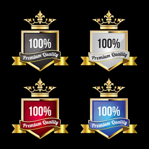 Emblemas e etiquetas douradas de luxo para 100% de qualidade premium e satisfação com a coroa na parte superior