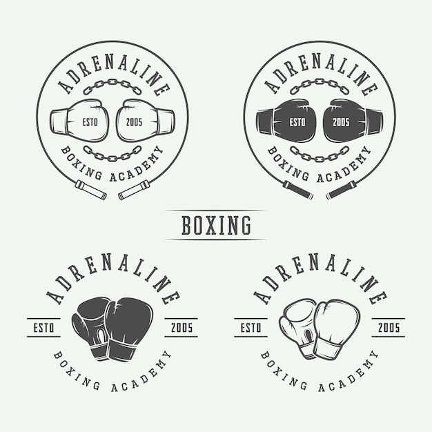 Vetor emblemas e rótulos de logotipo de boxe e artes marciais em estilo vintage ilustração vetorial