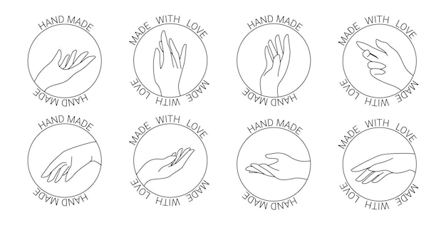 Emblemas e rótulos feitos à mão em círculo mão linear em diferentes gestos ilustração vetorial