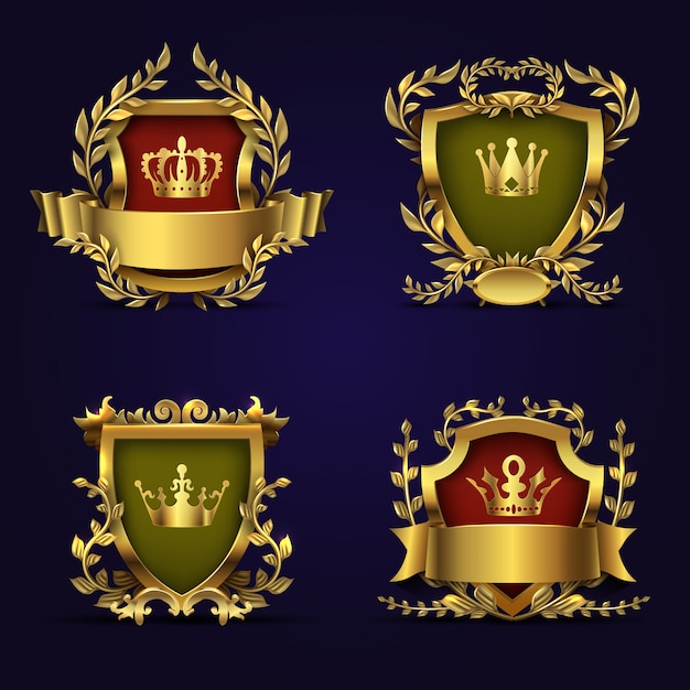 Emblemas heráldicas reais em estilo vitoriano com coroa de coroa de ouro, escudo e laurel.