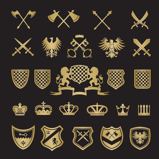 Vetor emblemas heráldicos. espadas de formas estilizadas medievais, escudos coroas de leões e fitas de cavaleiro para projetos de design de rótulos vetoriais