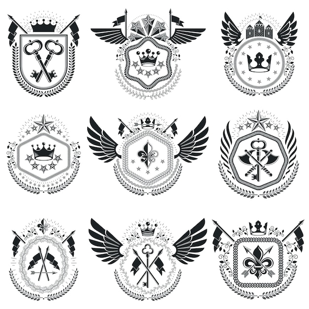Vetor emblemas heráldicos isolaram ilustrações vetoriais. coleção de símbolos em estilo vintage.