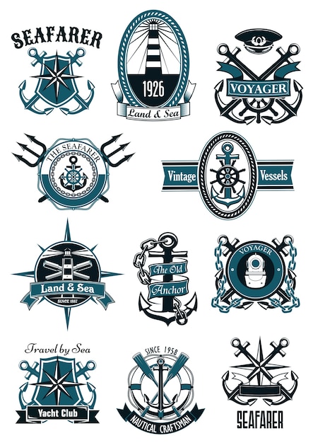Emblemas náuticos vintage com âncoras marinhas