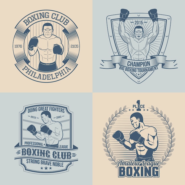 Vetor emblemas sobre o tema boxe - redondo, triangular, retangular. logotipos de esportes com boxer.