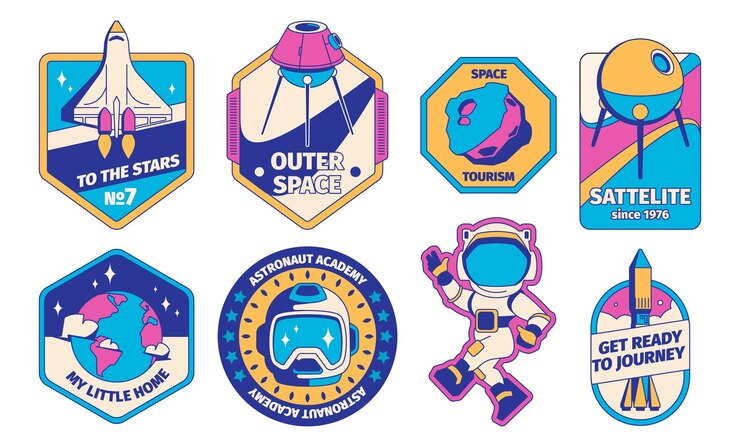 Vetor emblemas vintage de espaço e astronauta galáxia retrô com voo de foguete para rótulos de insígnia planeta de estilo antigo e emblema de exploração espacial conjunto isolado de vetores logotipo da academia do espaço exterior