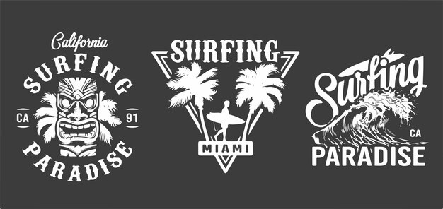 Emblemas vintage monocromáticos de surf