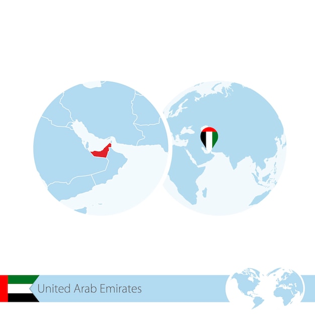 Emirados árabes unidos no globo do mundo com bandeira e mapa regional dos emirados árabes unidos. ilustração vetorial.