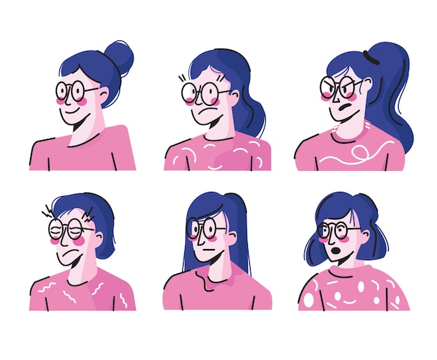 Emoção de mulher usando óculos de cabelo comprido design plano ilustração vetorial