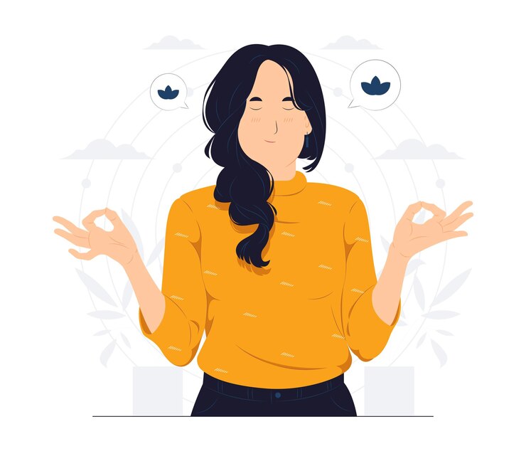 Vetor emoções de pessoas de estilo de vida jovem sorridente relaxada e paciente com os olhos fechados meditando para se acalmar fazer exercícios respiratórios com as mãos na ilustração do conceito de gesto zen