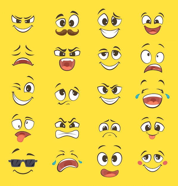 Vetor emoções dos desenhos animados com caretas com olhos grandes e riso. emoticons de vetor em fundo amarelo