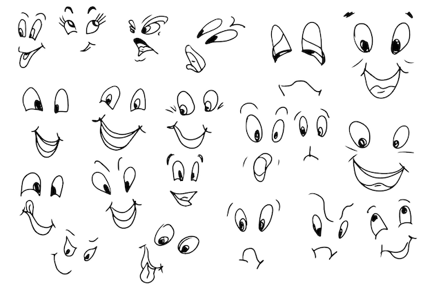 Emoções faciais sorriem olhos rabiscar desenho animado conjunto grandes elementos isolados no fundo branco