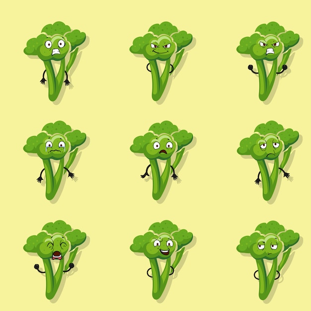 Emoções negativas de brócolis. conjunto de caracteres de estilo de desenho de vetor de ilustração