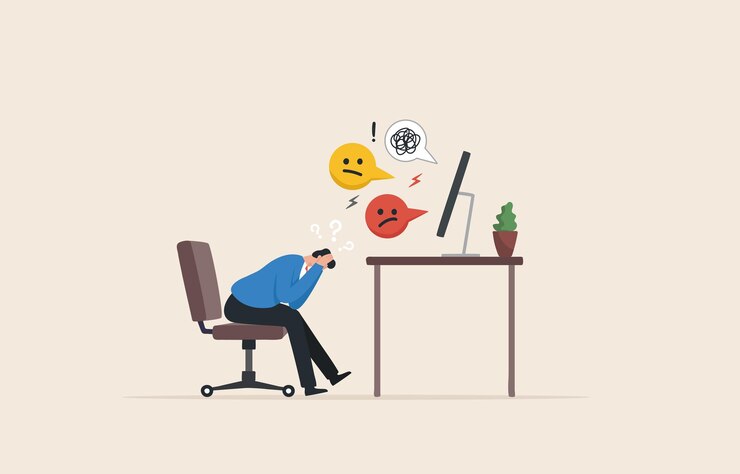 Vetor emoções negativas no local de trabalho os sentimentos dos funcionários protegem-se emocionalmente no trabalho ansiedade de mídia social tóxico no trabalho empresário segurando a cabeça sentado sozinho na cadeira