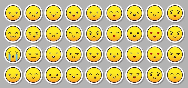 Emoji adesivo de desenho animado plano amarelo conjunto grande Ícone de emoção de crianças Símbolo bonito em quadrinhos Sinal de rosto alegre Coleção de pictogramas de mensagem de expressão de rostos de círculo Sorria ícones de bate-papo engraçados