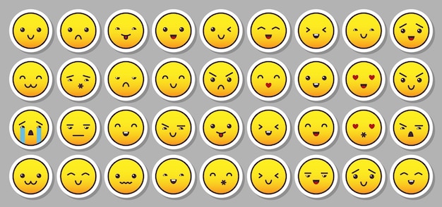 Vetor emoji adesivo de desenho animado plano amarelo conjunto grande ícone de emoção de crianças símbolo bonito em quadrinhos sinal de rosto alegre coleção de pictogramas de mensagem de expressão de rostos de círculo sorria ícones de bate-papo engraçados