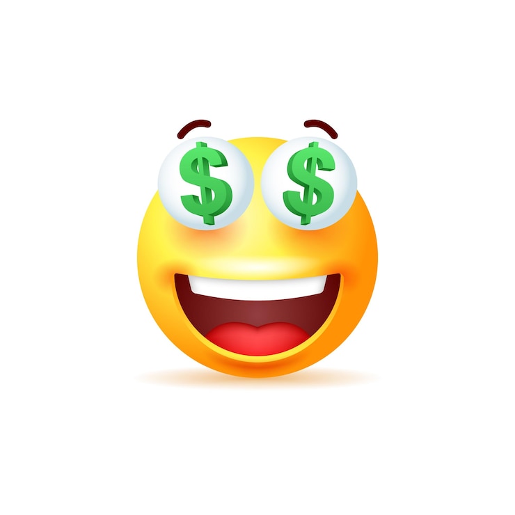 Vetor emoji amarelo sorridente com dólares nos olhos isolados no fundo branco ilustração 3d vetorial