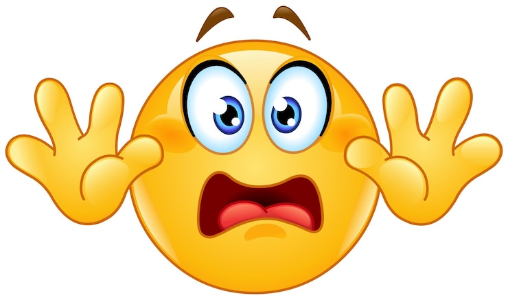 Vetor emoji assustado ou em pânico emoticon com as mãos para cima mostrando um gesto de não atirar, render-se ou parar