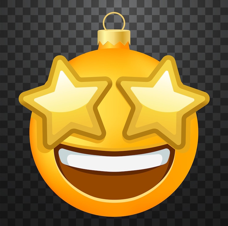 Vetor emoji bola de árvore de natal ou brinquedo com rosto sorridente com olhos estrelados