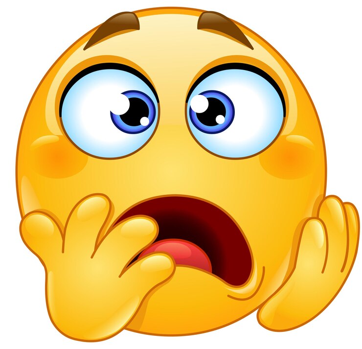 Vetor emoji chocado e preocupado cobre parte de seu rosto com as mãos