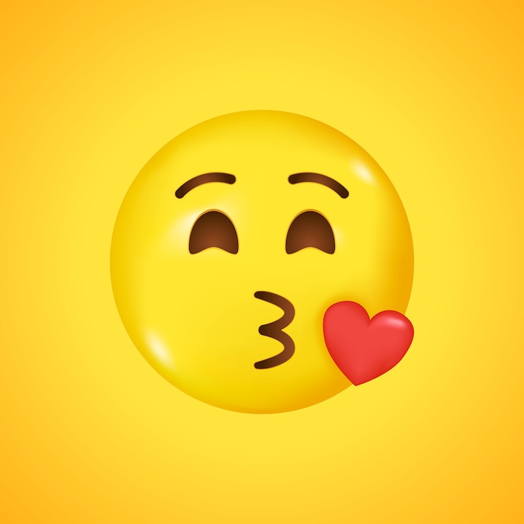 Vetor emoji com beijo voador coração vermelho e rosto de olho piscando. um beijo de emoji de rosto amarelo. grande sorriso em 3d