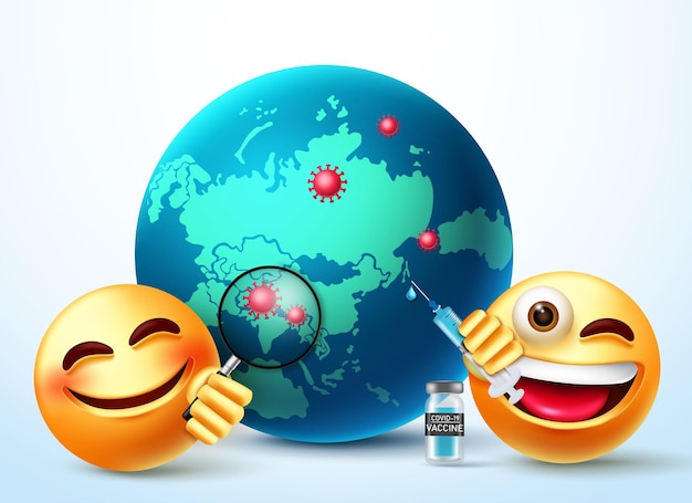 Emoji covid vacina vector design emoticons personagem 3d vacinando o globo terrestre com seringa