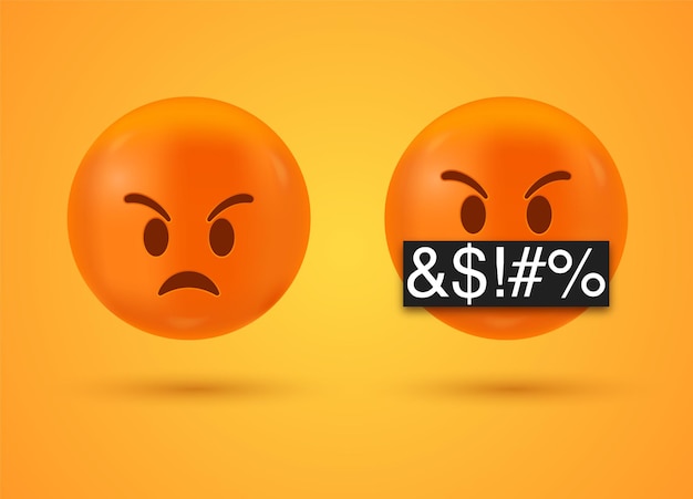 Emoji de cara zangada e séria com símbolos cobrindo a boca - emoticon 3d