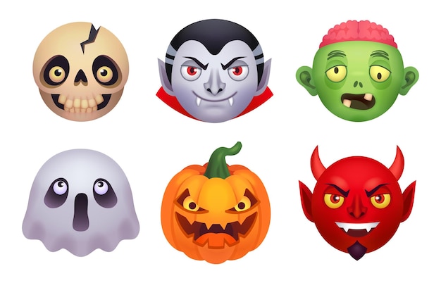 Emoji de monstros do halloween traje de monstro assustador emojis de rosto 3d em quadrinhos cabeça de zumbi avatar coleção de emoticons de personagem de horror expressão de fantasma assustador ilustração vetorial engenhosa