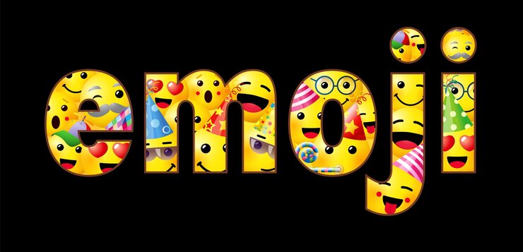 Vetor emoji de palavra criativa desenho de slogan com rostos amarelos 3d e máscara de corte banner de rede social