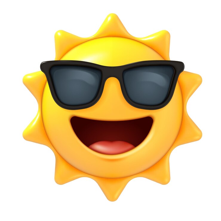 Vetor emoji de sol 3d sol de verão com óculos de sol emoticon sorridente feliz em estilo de renderização personagem de desenho animado bonito ícone vetorial de mascote de mídia social isolado em fundo branco