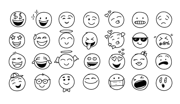 Vetor emoji desenhado à mão em estilo de doodle, linha de quadrinhos, emoji de rosto, ícone de emoji com diferentes emoções e humor