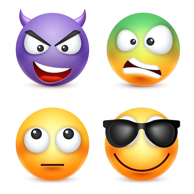 Vetor emoji emoticon conjunto cara amarela com emoções emoção expressão facial realista emoji triste feliz zangado