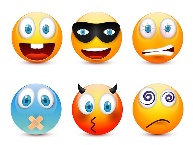 Vetor emoji emoticon conjunto cara amarela com emoções emoção expressão facial realista emoji triste feliz zangado