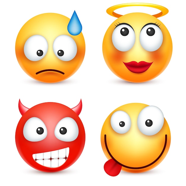 Vetor emoji emoticon conjunto rosto amarelo com emoções humor expressão facial realista emoji triste feliz zangado