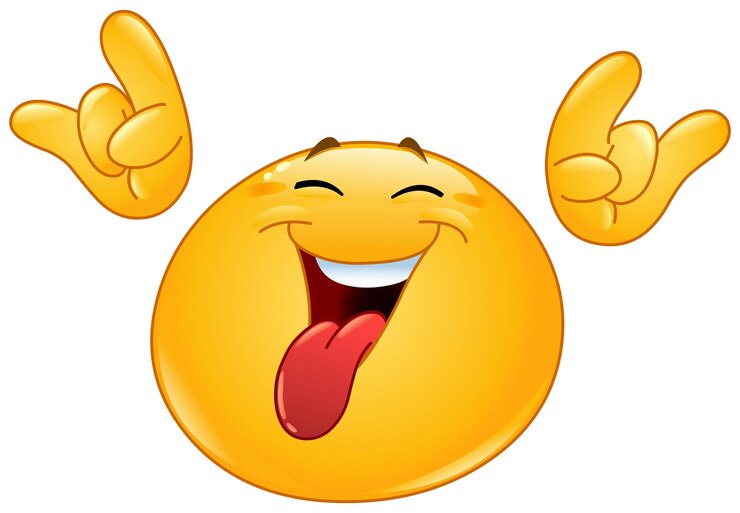 Vetor emoji emoticon em rock com a língua para fora mostrando os chifres do diabo sinalizando com ambas as mãos
