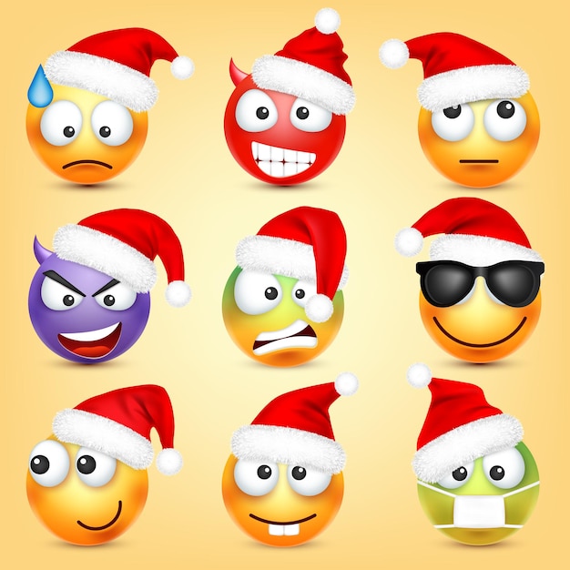 Vetor emoji emoticon face com emoções e chapéu de natal ano novo santa inverno emoji triste feliz zangado