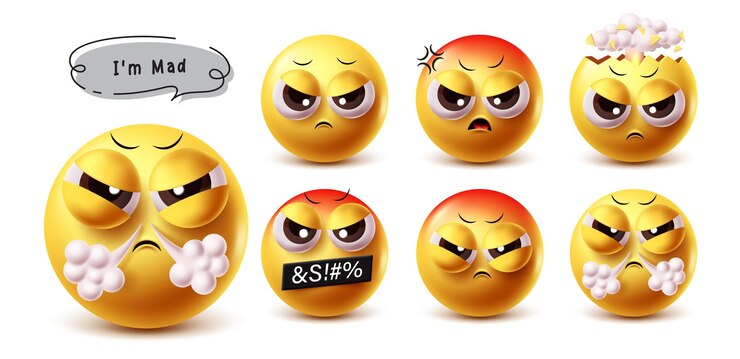 Vetor emoji emoticon vetor conjunto de personagens emojis triste estresse explodir tédio frustração e loucura