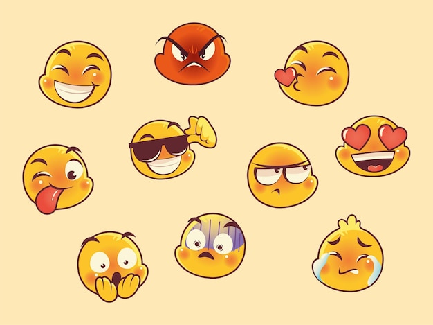 Emoji enfrenta ícones de coleção de mídia social de reação de expressão