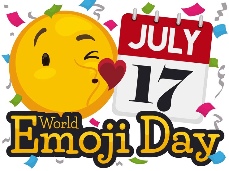 Vetor emoji enviando amor com calendário e chuva de confete para o dia mundial do emoji