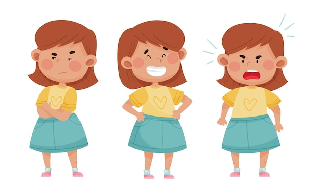 Vetor emoji girl com diferentes expressões faciais como angry e cheerful face vector set