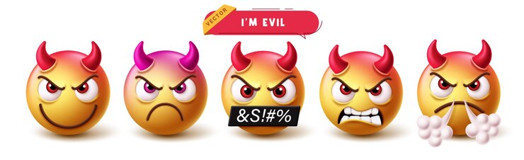 Vetor emoji mau emoticon personagens vector conjunto emojis mau demônio e monstro emoticon amarelo personagem