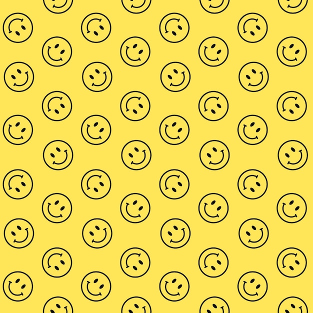 Vetor emoji sorridente linha preta ícones de sorriso sem costura padrão vetorial isolado em fundo amarelo